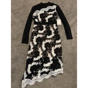 Self Portrait Asymmetric Midi Dress Size 6 Lace Black White NWT